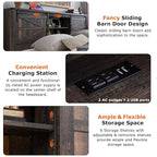 T4TREAM Farmhouse Queen Size Bed Frame w/Storage Bookcase Headboard, Sliding Barn Door, Charging Station, Rustic Wood Platform Bed w/Wood Slats Support, No Box Spring Needed, Dark Rustic Oak