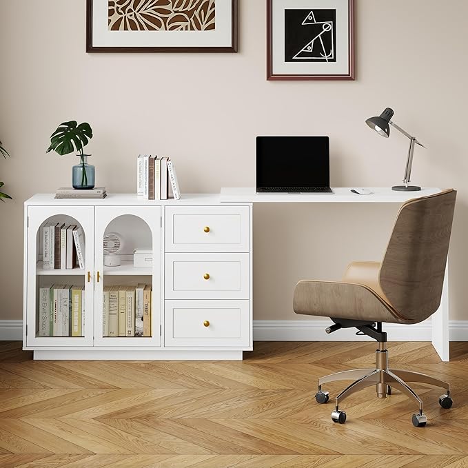 RoyalCraft L Shaped Home Office Desk, Large Extendable and Rotatable Desk with 3 Drawers and 2 Doors, Corner Computer Desk, Modern Study Writing Table for Bedroom, Home Office, White