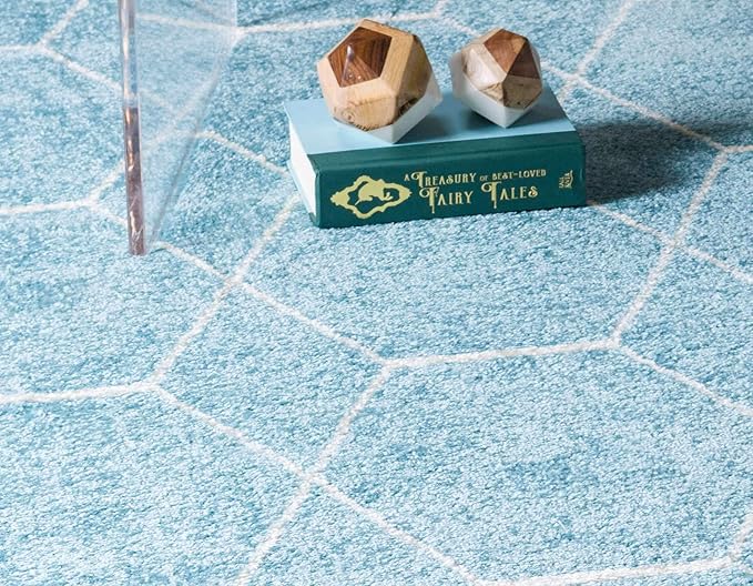 Unique Loom Trellis Frieze Collection Area Rug - Geometric (2' x 8' 8" Runner, Light Blue/ Ivory)