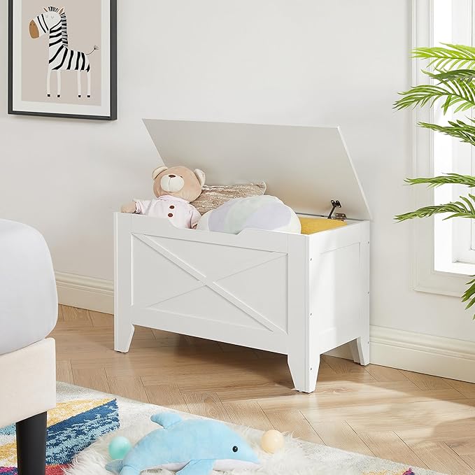 VECELO 30" Storage Bench, Entryway Shoe Ottoman, Farmhouse Style Bench with Handwoven Cushion and Metal Safety Hinges, for Bedroom, Living Room, Entryway, White