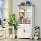 5 Tier Bookshelf 70in Tall Bookcase with Barn Doors and Storage Cabinet, White Farmhouse Book Shelf with Adjustable Shelves, Wood Freestanding Display Bookshelves for Bedroom, Kitchen (2PCS)