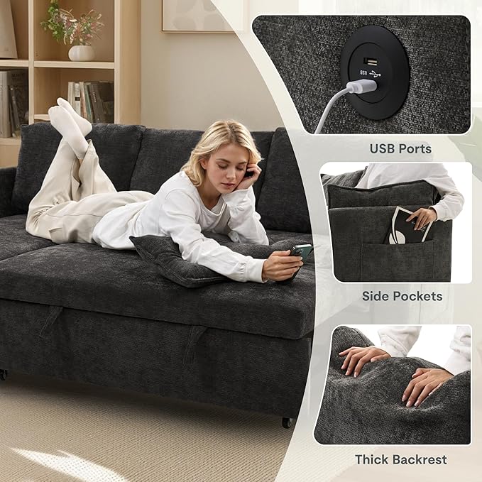 FLEXISPOT XB5 78" Pull Out Couch Bed with Storage Chaise, 2-in-1 Convertible Sofa Bed with USB Charging Ports, 3-Seater Sectional Sofa Couch for Living Room Apartment, Easy to Assemble(Dark Gray)