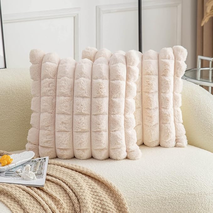 Neelvin Beige Faux Fur Cozy Soft Plaid Decorative Throw Pillow Covers 26x26 inch Set of 2,Velvet Pillowcase Cushion Case for Sofa Couch