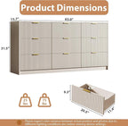 3-Piece Dresser Bedroom Set, 9 Drawer Dresser & 3 Drawer Nightstands with Gold Handles, Fluted Wood Chest of Drawers for Bedroom, Living Room, Entryway, Beige