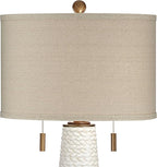 Possini Euro Design Kingston Mid Century Modern Table Lamp 32 3/4" Tall White Grooved Patterned Ceramic Taupe Drum Shade for Bedroom Living Room House Bedside Nightstand Home Office Entryway Family
