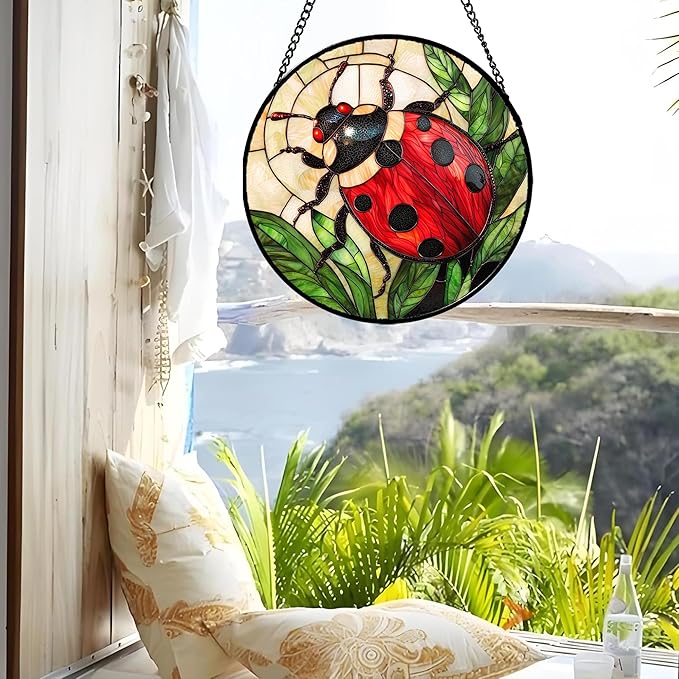 Stained Glass Window Hanging - Red Seven-Spotted Ladybug Sun Catcher for Door Home Decor Insect Suncatcher Christmas Mother's Day Birthday Gifts for Women Men Mom Nana 7.8 in