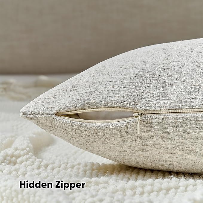 FUTEI Natural White Wood Chenille Decorative Throw Pillow Covers 18x18 Inch Set of 2,Soft Cozy Faux Linen Textured Cushion Case,Farmhouse Home Decor for Couch Living Room