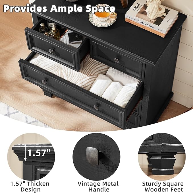 Farmhouse Bedroom Dresser and Nightstand Set of 4, 6 Drawer Tall & 5 Drawers Dresser & 3 Drawer Nightstand Set with Wooden Legs, Rustic Wood Bedroom Furniture for Livingroom, Hallway, Black