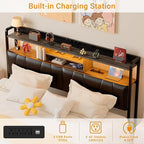 Unikito Headboard for King Size Bed Frame, Upholstered Head Board with Outlets, USB Ports and LED Light, Comfortable Leather Headboards with Storage Shelf, Sturdy King Bed Headboard Only, Black Oak