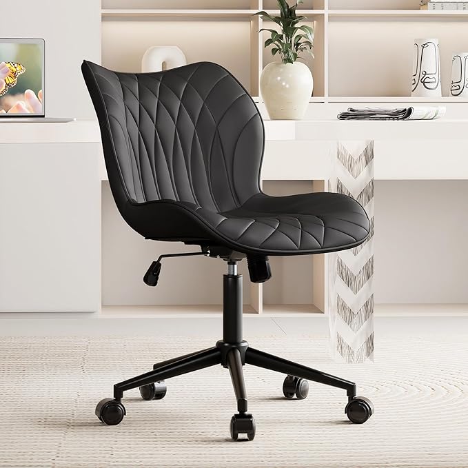YOUNUOKE Armless Desk Chair Comfy Office Chair with Wheels Home Ergonomic Task Chair Adjustable Computer Chairs Modern Faux Leather Swivel Chair Upholstered Makeup Vanity Chair with Back(Black)