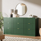 3-Piece Dresser Bedroom Set, 9 Drawer Dresser & 3 Drawer Nightstands with Gold Handles, Fluted Wood Chest of Drawers for Bedroom, Living Room, Entryway, Green