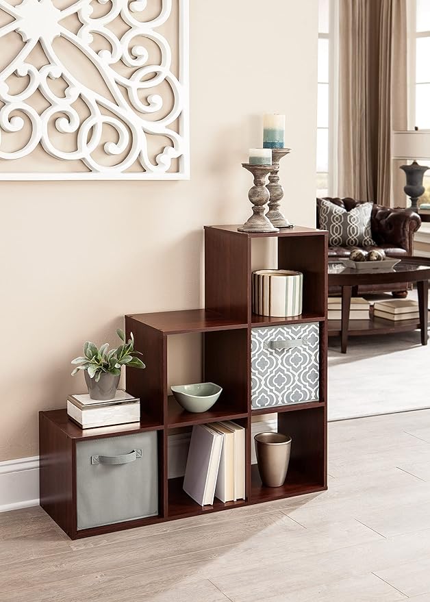 ClosetMaid Cubeicals 3-2-1 Cube Storage Shelf Organizer Bookshelf, 3 Tier, Steps, Corner Unit, Easy Assembly, Wood, Dark Cherry Finish