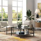 Henn&Hart 32" Wide Square Coffee Table with Mirror Shelf in Blackened Bronze, Modern coffee tables for living room, studio apartment essentials