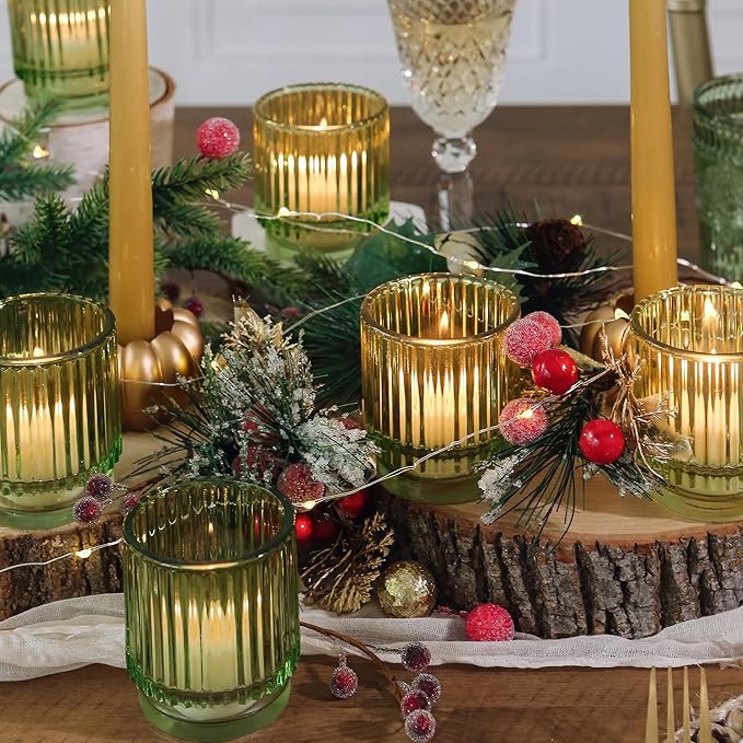 Kate Aspen Vintage Ribbed Glass Candle Holder Decor, Green Votive Candle Holders for Holiday Table Decor, Tealight Candles Holder Glass (Set of 6), Dinning & Christmas Table Decoration (Pack of 6)