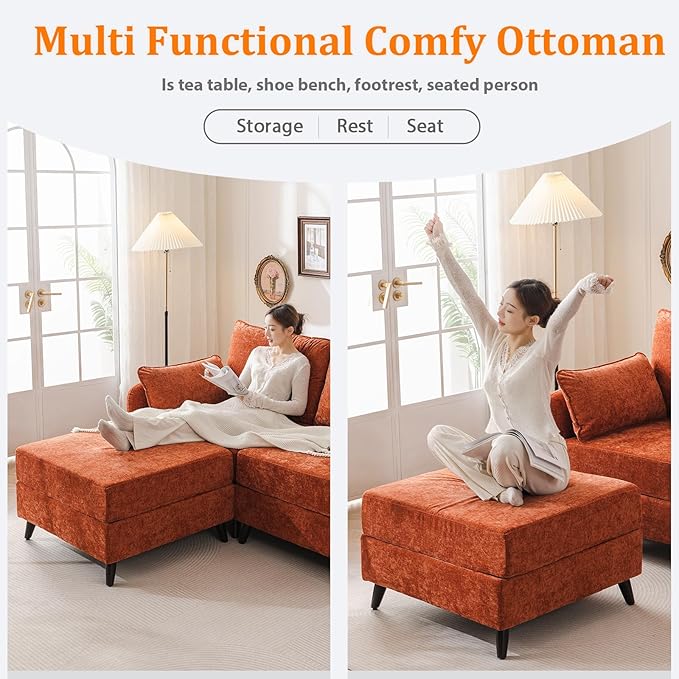 104'' Modular Sectional Sofa with All Seats Storage, Oversized Sleeper Sofa Bed for Living Room,3-Seater Comfy Cloud Couches with Movable Ottoman,Big Sectional for Bedroom,Velet,Orange