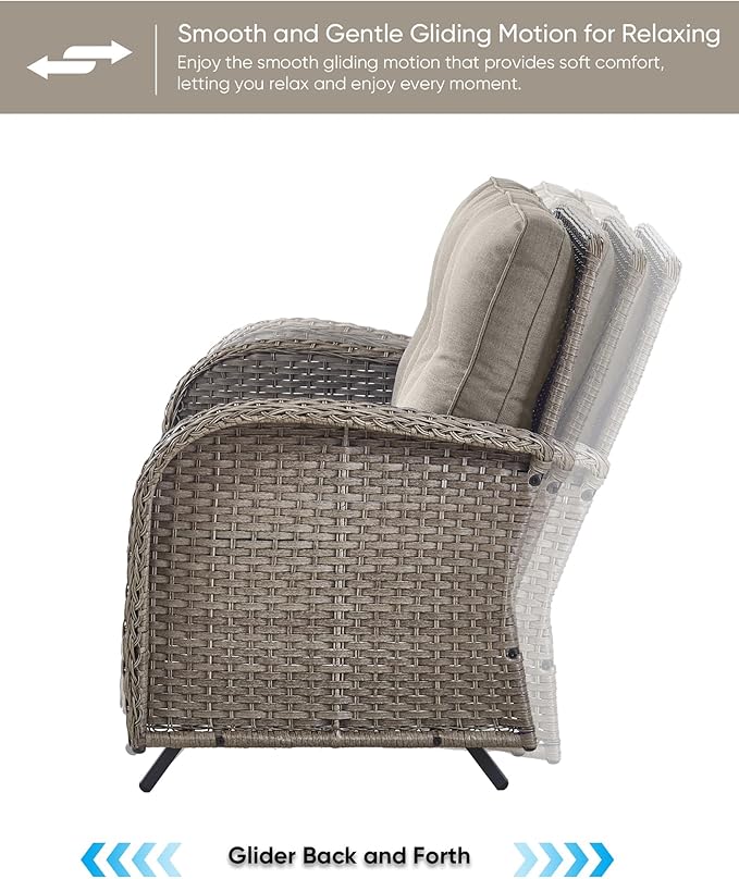 HUMMUH Patio Furniture Wicker Outdoor Furniture Sets High Back Outdoor Glider Bench with Patio Swivel Chairs Patio Conversation Sets for Deck Lawn Porch Balcony Poolside-Grey/Grey