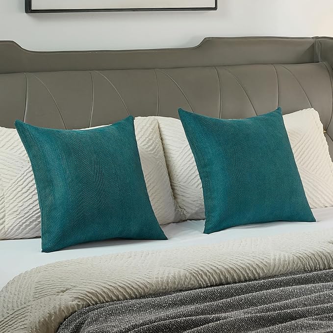 FUTEI Teal Chenille Throw Pillow Covers 12x20 Inch Set of 2,Soft Wide Chevron Textured Lumbar Pillow Cases,Farmhouse Home Decor for Couch Bed Living Room