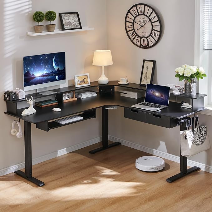 RedLemon 60 Inches L Shaped Electric Standing Desk, Height Adjustable Corner Gaming Desk with Drawers, Power Outlets & LED Lights, Computer Desk with Monitor Shelf, Carbon Fiber Black