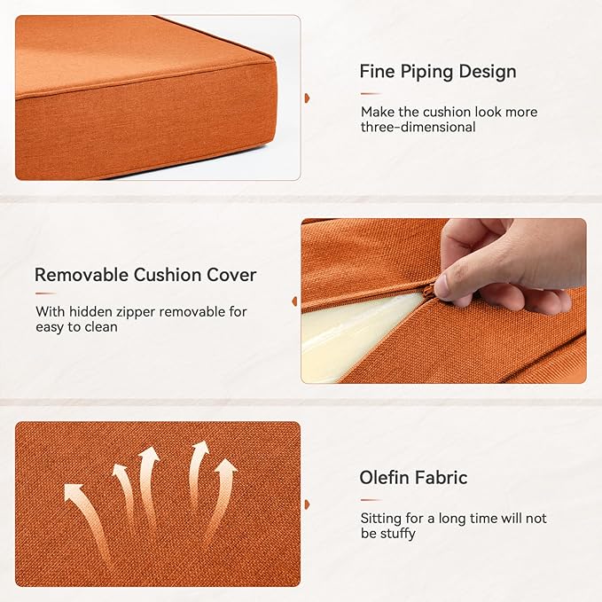 Luxury 6" Outdoor Cushions for Patio Furniture, 24x24x6" Thick Seat Cushion Set, Fade Resistant Couch Chair Replacement Cushions High Density Deep Wicker Chair Cushion with Removable Cover, Orange