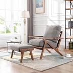 Wahson Set of 2 Mid Century Arm Chairs and Ottomans, Upholstered Accent Armchair with Wood Frame and Canvas Cushions, Leisure Slipper Chair for Living Room/Bedroom, Grey