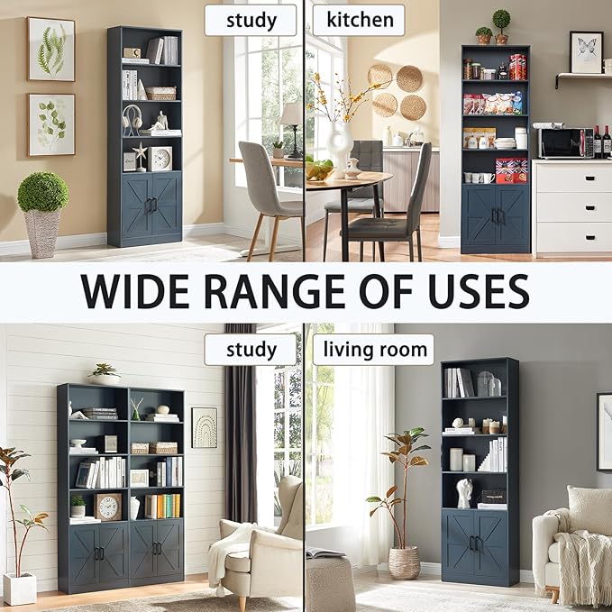 70in Tall Bookshelf 6 Tier Bookcase with Barn Doors and Adjustable Shelf, Blue Farmhouse Book Shelves with Storage Cabinet, Wood Floor Standing Display Bookshelve for Bedroom,Living Room,Kitchen