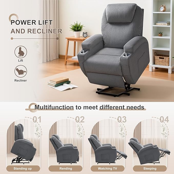 Flamaker Power Lift Recliner Chair Electric Lift Recliner for Elderly Power Lift Recliner Chair with Cup Holders Side Pockets for Living Room (Corduroy, Dark Gray)