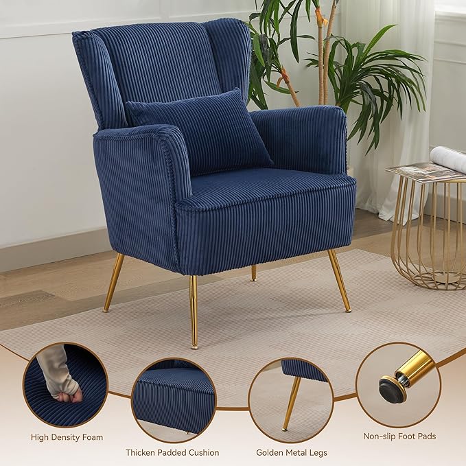 Corduroy Accent Living Room Arm Chair Set of 2 Mid Century Modern Chairs with Pillow & Golden Legs, 8.5" Thick Cushion, Upholstered Comfy Sofa Armchair for Reading Room/Bedroom, Blue