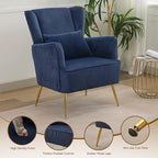 Corduroy Accent Living Room Arm Chair Set of 2 Mid Century Modern Chairs with Pillow & Golden Legs, 8.5" Thick Cushion, Upholstered Comfy Sofa Armchair for Reading Room/Bedroom, Blue