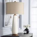 Possini Euro Design Kingston Mid Century Modern Table Lamp 32 3/4" Tall White Grooved Patterned Ceramic Taupe Drum Shade for Bedroom Living Room House Bedside Nightstand Home Office Entryway Family