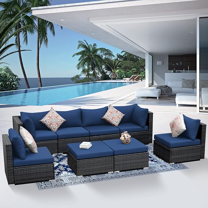 NICESOUL Outdoor Sofa Set of 8, Deep Seating Extra Large Patio Conversation Set, 29.3'' High Back Modern Luxury Wicker Modular Sectional for Backyard Lawn Deck Garden, 2 Color Cushions Navy & Gray