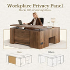 63 Inches L Shaped Standing Desk, Executive Standing Desk with Drawers and File Cabinet, AC/USB, 1.18" Whole-Piece Desktop, Multi-sized Storage Cubby, Privacy Panel, Fluted Computer Desk, Black Walnut