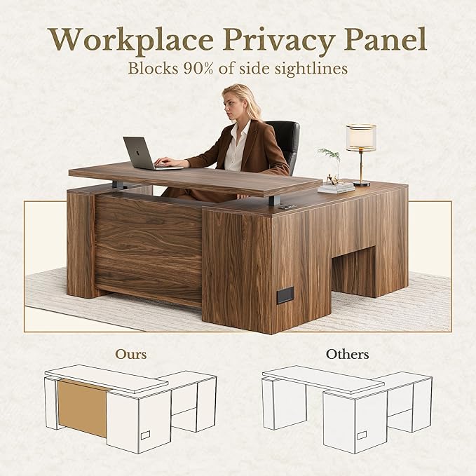 63 Inches L Shaped Standing Desk, Executive Standing Desk with Drawers and File Cabinet, AC/USB, 1.18" Whole-Piece Desktop, Multi-sized Storage Cubby, Privacy Panel, Fluted Computer Desk, Black Walnut