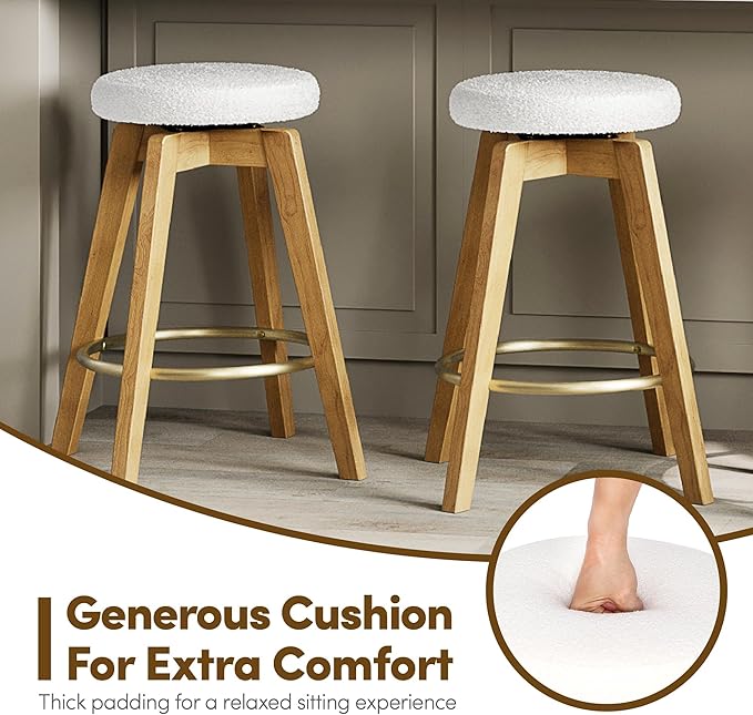 Swivel Premium Solid Wood Counter Stool 25", Set of 2, 360° Rotating Upholstered Cushion, Backless Bar Chair for Island, Pub, Kitchen, Dining Room (Light Oak)
