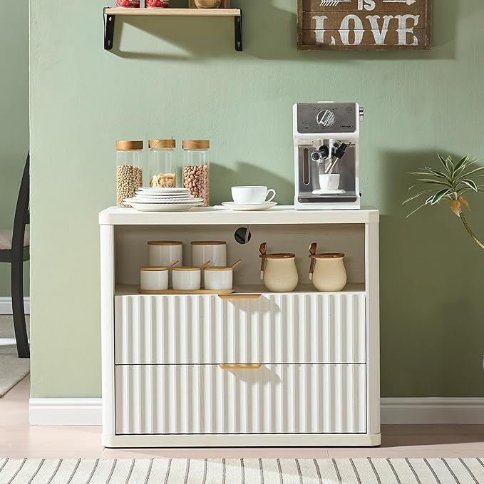 LEYAOYAO 31" Wide Fluted Nightstand with Charging Station, Oversized Extra Large 2 Drawers Night Stand,White Wood Bedside Table,Tall Bed Side End Tables,Modern Chest of Drawers Dressers for Bedroom