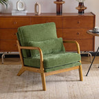 Karl home Mid Century Modern Accent Chair with Lumbar Pillow & Oak Arms – Plush Chenille Living Room Chair for Bedroom, Lounge (Olive Green)