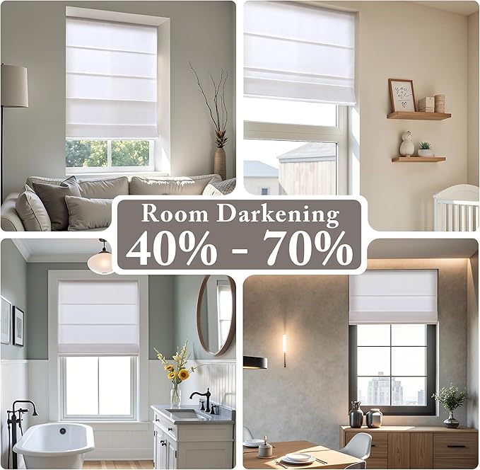 Madison Park Galen Matte White Cordless Roman Shades - Fabric Privacy Single Panel Darkening, Energy Efficient, Thermal Insulated Window Blind Treatment, for Home, Living Room Decor, 39" W x 64" H