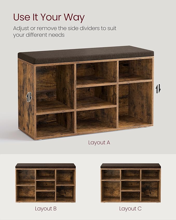 VASAGLE CUSTOS Collection - Shoe Bench, Storage Bench with Padded Seat, Entryway Bench with 9 Compartments, for Bedroom, 11.9 x 30.9 x 18.9 Inches, Rustic Brown and Chestnut Brown ULHS009B01