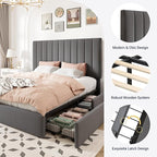 Allewie Queen Size Storage Bed Frame, Vertical Channel Tufted Adjustable Headboard, Velvet Upholstered Platform Bed with 4 Oversized Underbed Drawers, Wooden Slats Support, No Box Spring Needed, Grey