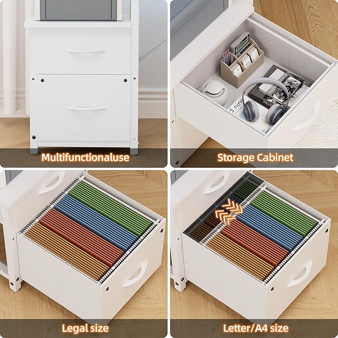 Office Desk L Shape with File Drawers&Power Outlet,YOUNGAR 69.3 Inch Reversible L Shaped Computer Desks,Corner L Shape or Long Desk Set up Monitor Stand &Storage Shelves LED Lights&CPU Stand,All White