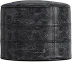 SIMPLIHOME Connor Boho Round Pouf in Distressed Black Genuine Leather for the Living Room, Bedroom and Kids Room