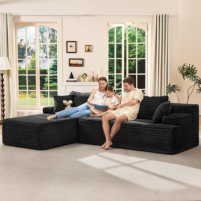 Hobestluk Modular Sectional Couch Sofa, 108" Boneless Couches for Living Room, Memory Foam Sectional Couch with Oversized Chaise,L-Shape Couches (Black, Left Facing)