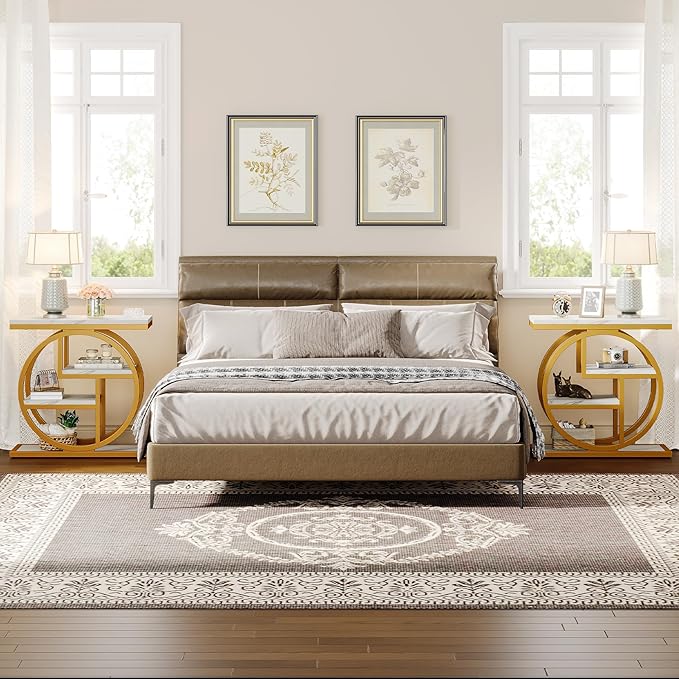 Tribesigns End Table Set of 2, Narrow Faux Marble Side Table with Storage Shelves, 4-Tier Modern Skinny Sofa Side Table with Geometric Metal Frame for Bedroom, Living Room, White & Gold