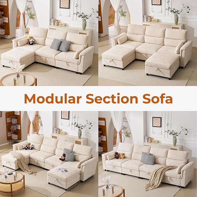 103'' L Shaped Couch, Cloud Modular Sectional Sofa with Storage, Extra Deep Seat, Modern Chenille Sofa with Chaise, Throw Pillows, 4 Seat Convertible Sectional Couches for Living Room, Beige
