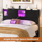 Homieasy Headboard for Queen Size Bed with Storage, Sturdy Bookcase Headboards with Outlet, USB & LED Light, Queen Size Headboard Only, Head Board with Sliding Doors & Bed Adapter for Bedroom, Black