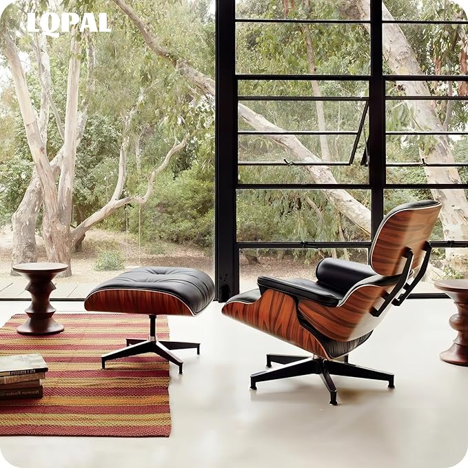 Top Black Grain Leather, Mid Century Chaise Lounge Chair and Ottoman, Modern Chair Classic Design, Palisander Wood, Heavy Duty Base Support for Living Room Office