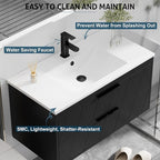 eclife 36" Bathroom Vanities Cabinet with Sink Combo, Wall Mounted Floating Cabinet W/Decor Line, Soft-Close System, 2 Extra Big Drawers, Matte Black Faucet, Black