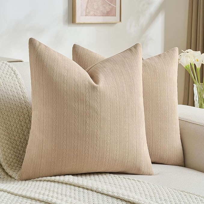 FUTEI Khaki Decorative Throw Pillow Covers 18x18 Inch Set of 2,Soft Cozy Wheat Ear Striped Patterns Cushion Cases,Modern Home Decor for Couch Bed Living Room