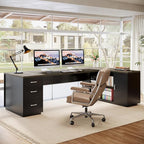 Tribesigns 85.8-Inch L-Shaped Executive Desk with File Drawers, Door Cabinet & Shelves, Extra Large Commercial Office Desk, Modern Professional Office Table Business Furniture, Grey & Black