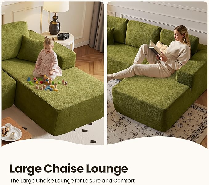 104" Cloud Sectional Couch with Chaise, Boneless L-Shaped Cloud Couch with Deep Seat, Modern Minimalist Sofa, Assembly Free Comfy Sofa for Office Living Room Study Room Apartment(Green, Right Chaise)