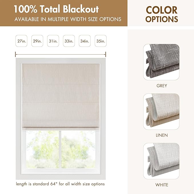 Madison Park Cordless Roman Shades, Total Blackout Window Blind Privacy Window Shades, Thermal Insulated Cordless Window Treatment for Bedroom, Living Room, Quincy, Single Panel 27" W X 64" H Linen
